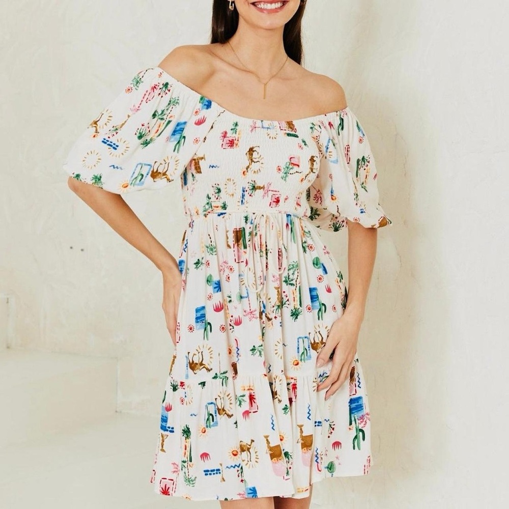 Iris Maki Off-Shoulder White Dress with Colorful Print